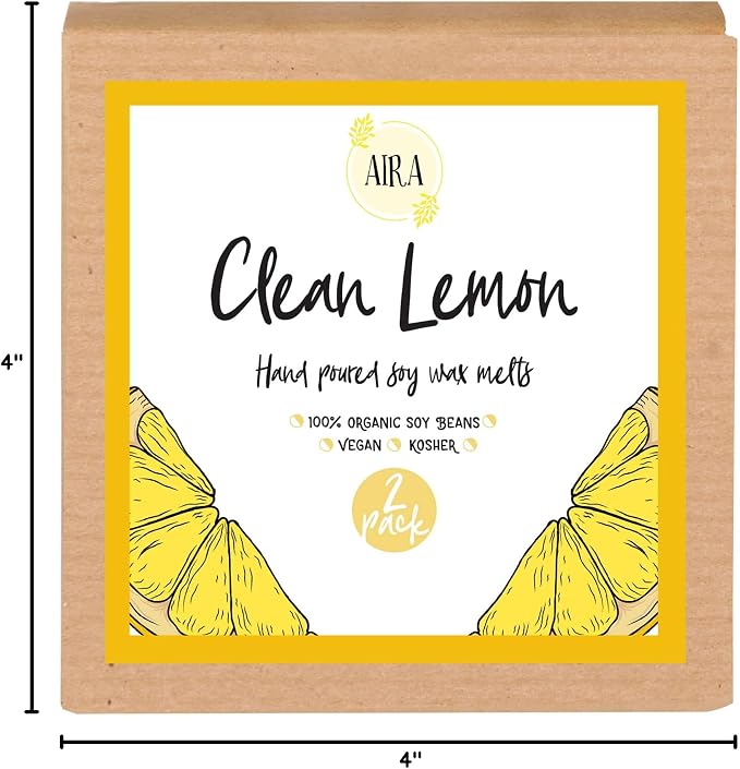 Aira Soy Wax Melt - Organic, Vegan, Kosher, Scented Soy Wax Cubes w/Essential Oil Blends - No Chemical 100% Soy Wax Melts for Electric/Tealight Melters - Hand-Poured Soy Tarts - Clean Lemon - 2 Pack