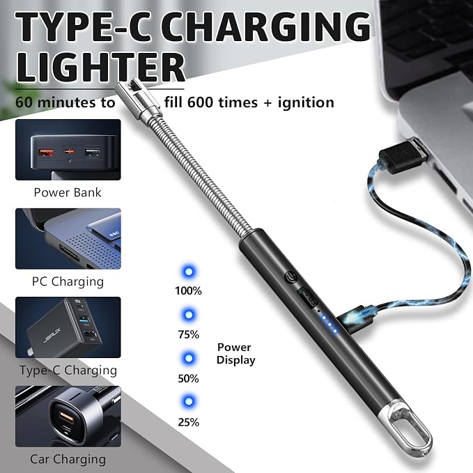 2 Pack Electric Candle Lighters, USB Rechargeable Lighter with Windproof Flameless & Extended Handle, Suitable for Candles, BBQ, Camping, Gas Stove, Festivals Gift (Black, 2 Packs-A)