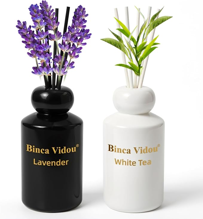 Reed Diffuser Set, Binca Vidou Lavender & White Tea Natural Scent Oil Diffusers with Sticks for Home Office Bathroom Aromatherapy Decor Black&White Series 3.38oz x 2