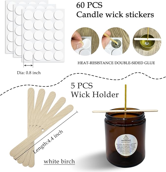 50 Pcs 6" Natural Candle Wicks,Pre-Waxed by 100% Beeswax & Tabbed with 60Pcs Candle Wick Stickers and 5 Pcs Wooden Candle Wick Centering Device, for Candle Making，Candle DIY