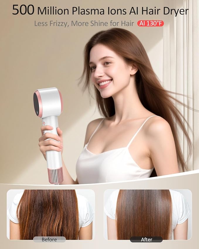 Hair Dryer - Smart 160000 RPM High-Speed Brushless Motor Plasma Ion AI Blow Dryer with Diffuser for Fast Drying, Professonal 4Temp/3Speed Thermo-Control Lightweight AI Hairdryer for Women Men Travel