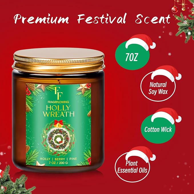 Christmas Candle, Holly Wreath Scented Candles for Home, Holiday Candles Natural Soy Candle, Aromatherapy Candle 7 oz Jar Candles Christmas Gifts for Women Men