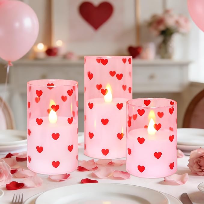 Love Flameless Candles with Remote Timer, Glass Battery Operated Candles, Pink Spray-Painted Heart LED Candles for Home Party Wedding Valentine's Day Decor Set of 3
