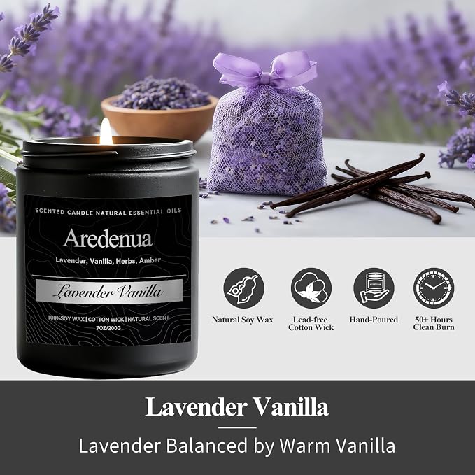 Lavender Vanilla Candle | Self-care Candle Gifts, Soy Candles for Home Scented, Aromatherapy Gifts for Women Men - 7oz Scented Candles for Home, 50 Hours Burn Time, Perfect for Relaxing Home Fragrance