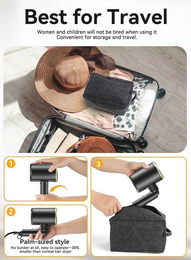 Hair Dryer with Diffuser, 150000 RPM Ionic Blow Dryer, Foldable Travel Hair Dryer with Nozzle, Lightweight Low Noise Fast Drying Hairdryer for Women Men, Portable Mini Hair Dryer, Black