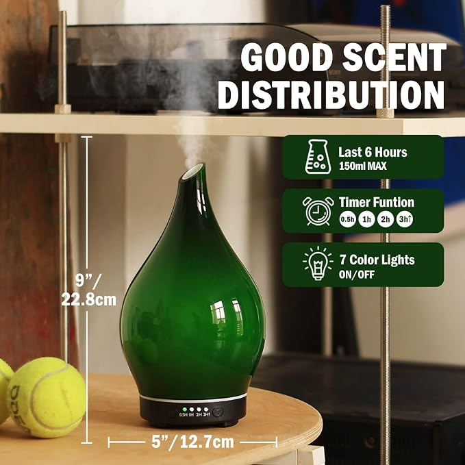 Porseme 150ml Essential Oil Diffuser Glass Color Changing Aroma Air Diffusers Aromatherapy Ultrasonic Cool Mist Humidifier 6 Running Hours Waterless Auto-Off for Sleeping Yoga Office Spa (Hulk Green)