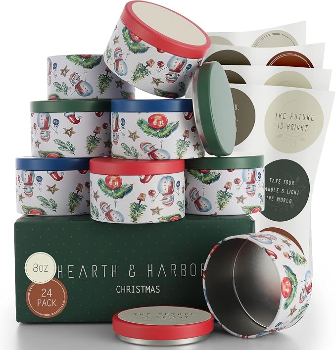 Hearth & Harbor Tin Candle Jars for Making Candles - DIY Candle Containers with Lids - Metal Candle Jars - Bulk Tins Storage for Candle - (24 Pieces) - (8 Ounces) - Solid Christmas