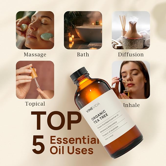 VINEVIDA Organic Tea Tree Essential Oil 4 oz - Undiluted, Pure, Vegan, and Sustainable