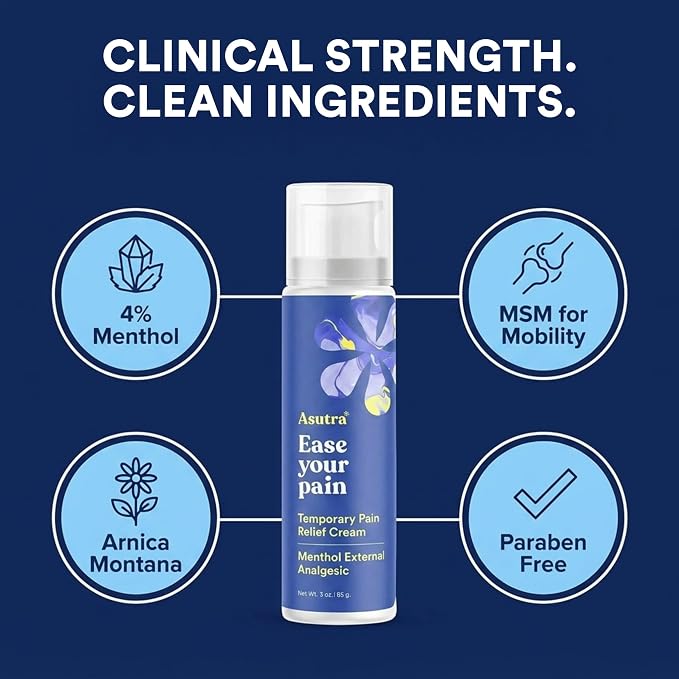 ASUTRA Relief Cream, Cooling Sensation, Temporary Relief from Muscle Discomfort and Soreness, 4% Menthol, Arnica Montana, MSM, 3 oz