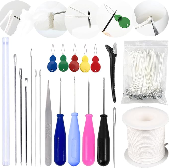 119PCS Candle Making Kit Mold Punch Needle with Hook Eye,Candle Wick Inserting Tool for Molds Long Wick Needle for Candle Making,Candle Wick Roll 200 Ft 24 Wick Spool,100 Piece 6" Natural Candlewick