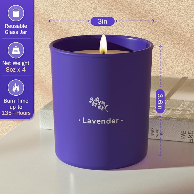 TranquilBliss Lavender Candles for Home Scented, 8 oz Scented Candles Present, Purple Jar Wax, Made with Soy for Women, 45 Hour Long-Lasting Burn for Girl Women Birthday Present Giving - 4 Pack