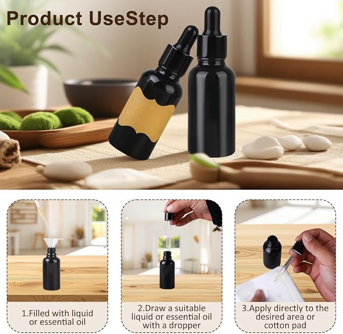 1 oz Dropper Bottles for Essential Oils，12Pack 30ML Glass Bottles with Glass Eye Dropper Leak Proof Travel Dispenser Bottle for Essential Oils,tincture, Aromatherapy, Chemistry Lab Chemicals (Black)