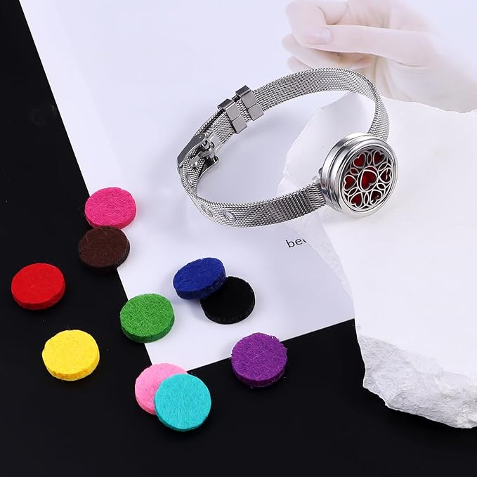 Essential Oil Diffuser Bracelet Aromatherapy Locket Adjustable Stainless Steel Heart Watch Chain Bracelet with 10 Pcs Refill Pads for Women