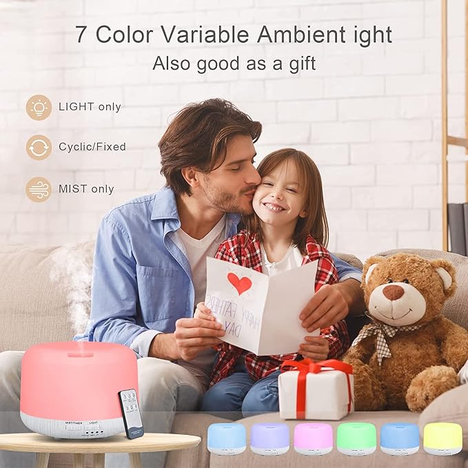 Aromatherapy Diffuser for Essential Oil, 300ml Cool Mist Humidifier with Remote Control, Aroma Diffusers for Home with Waterless Safety Switch & 14 LED Colors White Wood Base