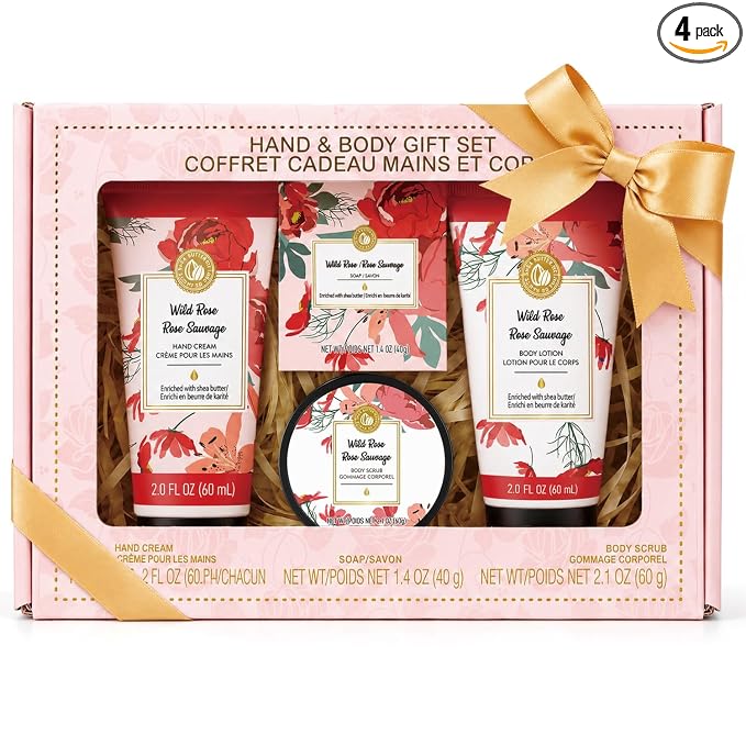 BODY & EARTH # LOVE Hand Cream Gifts Set for Women, 4PCS Wild Rose Bath and Body Gift Set with Hand Cream, Body Lotion, Body Scrub, Soap, Self Care Kit Spa Gifts for Women Birthday Gift for Her