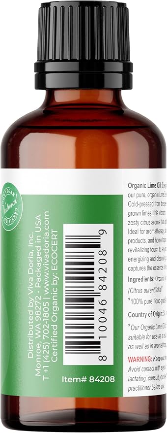 Viva Doria Lime Essential Oil, USDA Certified Organic Lime Oil, Redistilled, Sri-Lankan, 100% Pure, Natural Essential Oil, Undiluted, for Aromatherapy | Food Grade, 30 mL (1 Fluid Ounce)