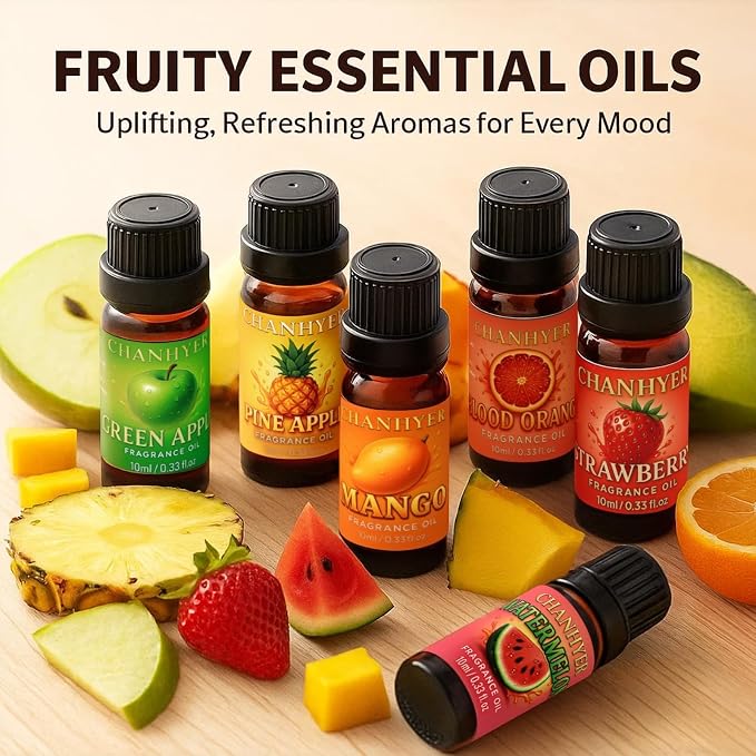 Fruity Essential Oils Set-6x10ml-Green Apple,Watermelon,Strawberry,Pineapple,Blood Orange,Mango,Sweet Aromatherapy Oils for Diffuser,Humidifier,Candle&Soap Making