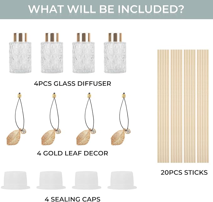 4Pcs Reed Diffuser Set with Metal Golden Decoration, 4.2oz Empty Reed Diffuser Bottles with 20Pcs Reed Diffuser Sticks, Unique Design Bottles for Home and Office(Cylinder)