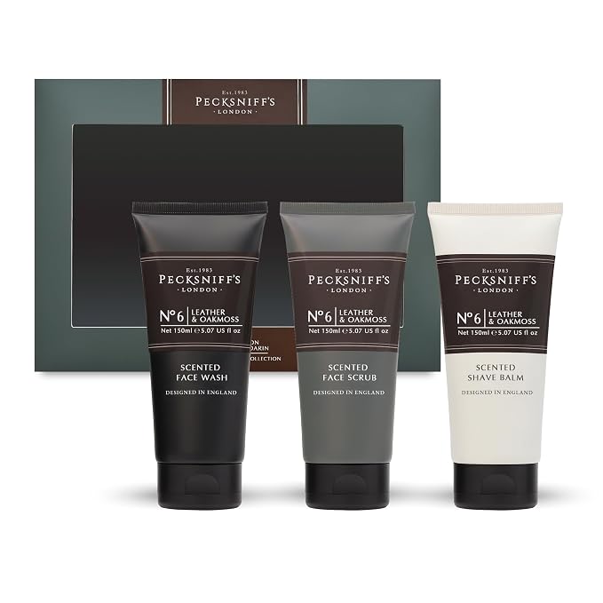 Pecksniff’s Men’s Trio Face Collection – Leather & Oakmoss – Face Wash, Scrub & Shave Balm Gift Set, 3 x 75ml