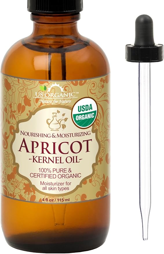US Organic Apricot Kernel Oil, USDA Certified Organic,100% Pure & Natural, Cold Pressed Virgin, Unrefined in Amber Glass Bottle w/Glass Eyedropper for Easy Application (4 oz (Large))