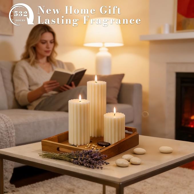 6 Pack Ribbed Ivory Pillar Candles, Cashmere Amber Scented Natural Soy Wax Candle, 532 H Long Burning Soy Candles, 2.8x4/6/8 inch Large Pillar Candles Gift Set for Home, Relaxation, Mantle