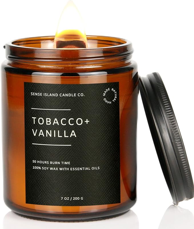 Tobacco Vanilla Wood Wick Candle for Men – Strong Masculine Scent, 100% Soy, 50-Hour Burn – Luxury Scented Candle with Crackling Wooden Wick for Home, Office, Gifts | Strong Masculine Scent, 100% Soy, 50-Hour Burn, Crackling Wooden Wick, Luxury Scented