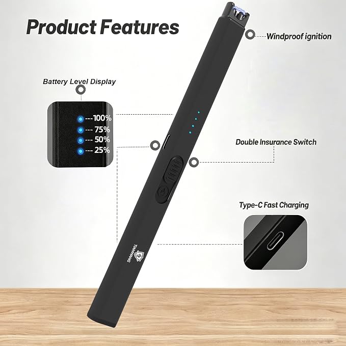 Elegant Electric Candle Lighter for Women with USB-C Charging, Portable and Easy to Use, Stylish Arc Lighter for Candles (Black)