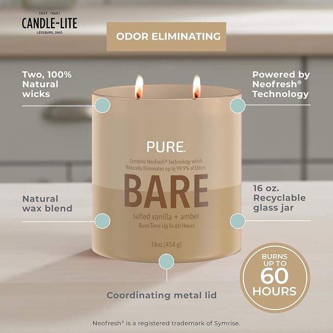 Candle-Lite Pure Salted Vanilla & Amber Odor Eliminating Scented Candles, Neofresh Technology Eliminates 99.9% of Odors, 16 oz 2-Wick Jar, Proudly Poured in The USA, Up to 60 Hours Burn Time