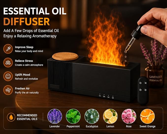 Starry Sky Aroma Diffuser with Flame Effect, 150ml Ultrasonic Essential Oil Humidifier, 7 Colors LED, Remote Control, Timer, Ultra-Quiet for Bedroom, Office, Home Relaxation(Black)