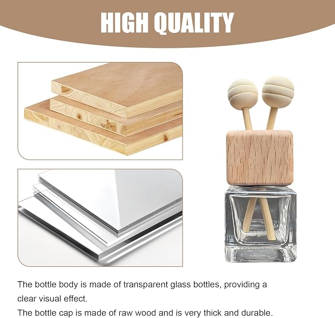 2 PCS Car Diffuser Air Freshener Bottles, Refillable Empty Glass Essential Oil Diffuser Vent Clip & Wooden Caps Sticks, Universal Aromatherapy Diffusers for Most Vehicles (Square)