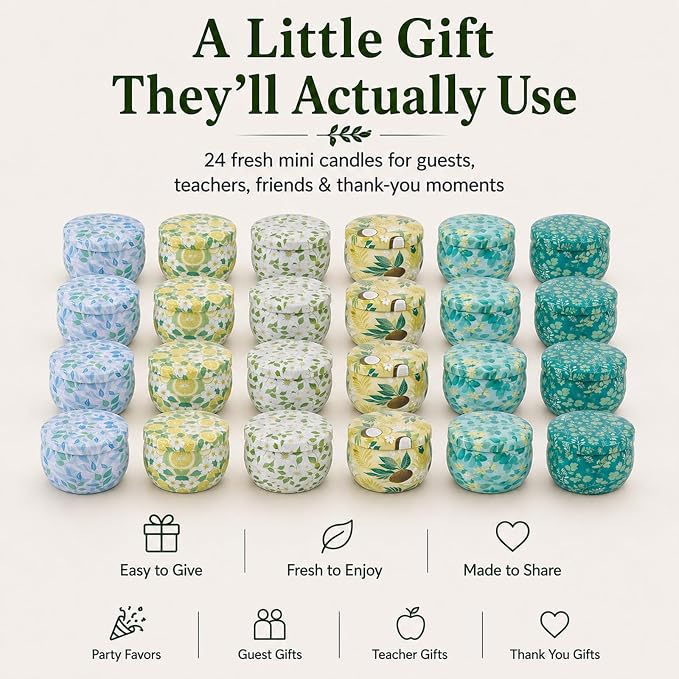 24 Pack Mini Scented Candles for Party Favors, 2.5 oz Soy Wax Tin Candle Gift Set, 6 Fresh Botanical Scents x 4 Each, Small Gifts for Bridal Shower, Baby Shower, Wedding Favors, Teachers