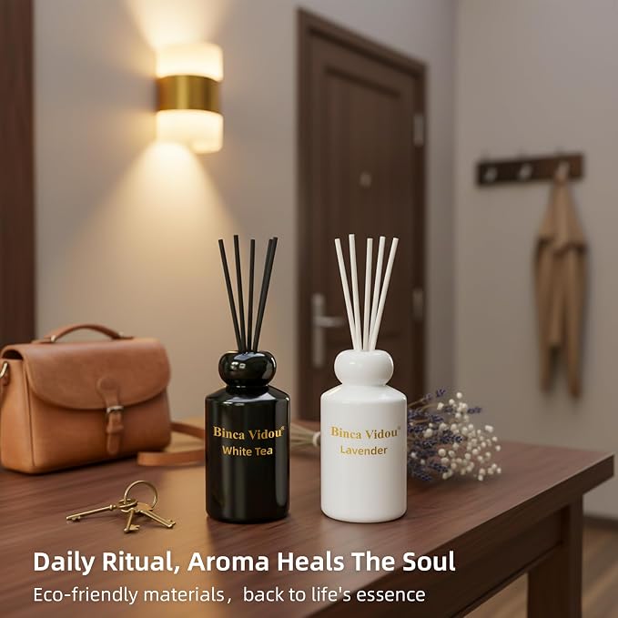 Reed Diffuser Set, Binca Vidou Lavender & White Tea Natural Scent Oil Diffusers with Sticks for Home Office Bathroom Aromatherapy Decor Black&White Series 3.38oz x 2
