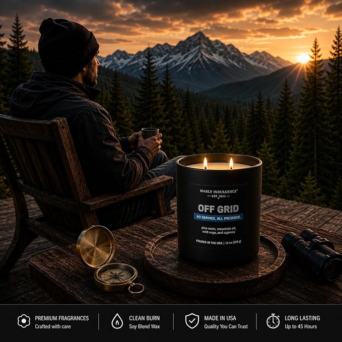 Manly Indulgence Off Grid Scented Candle, 2 Wick, 13 oz, Premium Soy Blend Wax, Candles for Home Scented - Made in The USA