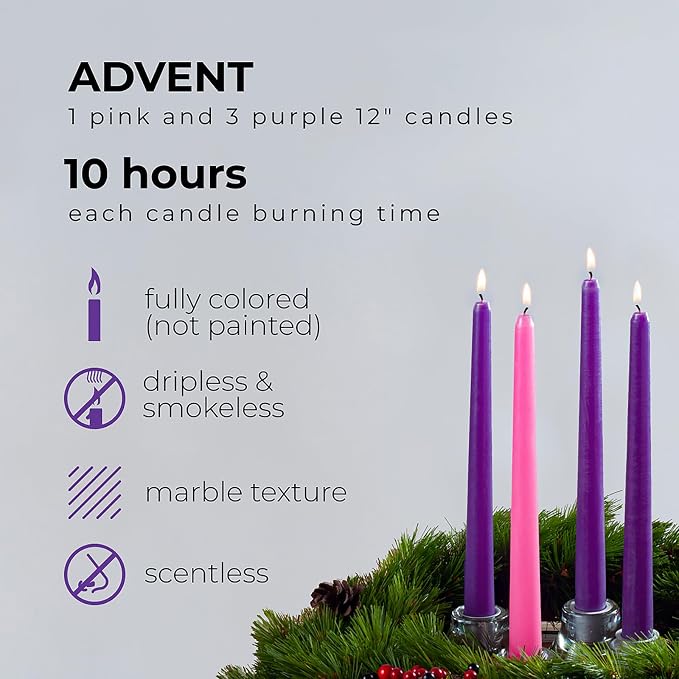 CANDWAX 12 Inch Advent Taper Candles Set of 4 - Long Burning Dripless Unscented Tapers - Perfect for Advent Wreaths, Christmas Décor - 3 Purple Tapers, 1 Pink Tapered Candle
