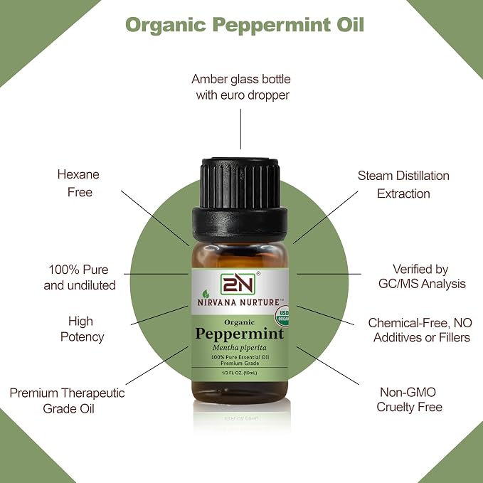Peppermint Essential Oil, USDA Certified Organic, 100% Pure Undiluted, Aromatherapy Oil for Diffuser, Hair & Skin Care
