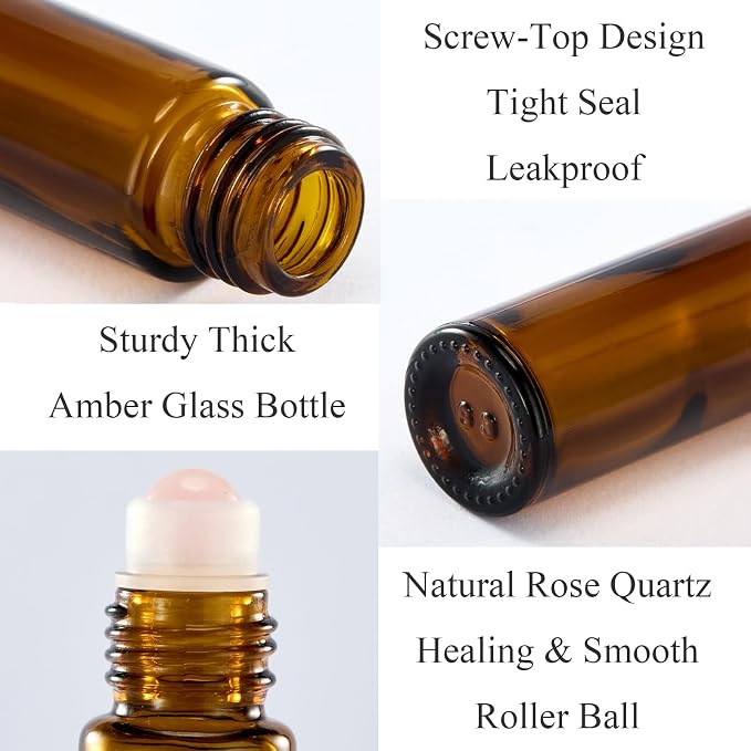Qeuly 6 Pack Rose Quartz Roller Bottles for Essential Oils, 10ml Amber Glass Roll on Bottles with Natural Crystal Balls, Leak-Proof Travel Size Perfume Roller Bottle (Amber)