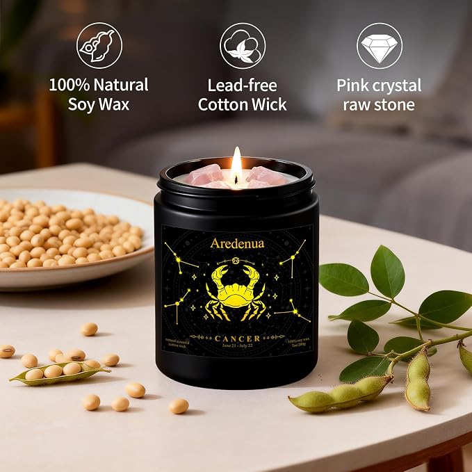 Cancer Birthday Gifts Candle | Zodiac Crystal Candles with Pink Opal Healing Crystals - Cashmere Lavender Scented Soy Candle, 7oz 50H Burn, Unique Spiritual Astrology Gifts for Women Men