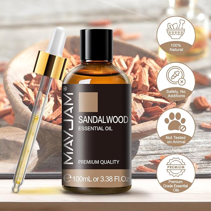 Sandalwood Essential Oil, 3.38FL.OZ Pure Essential Oils by MAYJAM, Large Volume Sandalwood Oil, Perfect for Aromatherapy Diffuser, Great for DIY Candle and Soap Making