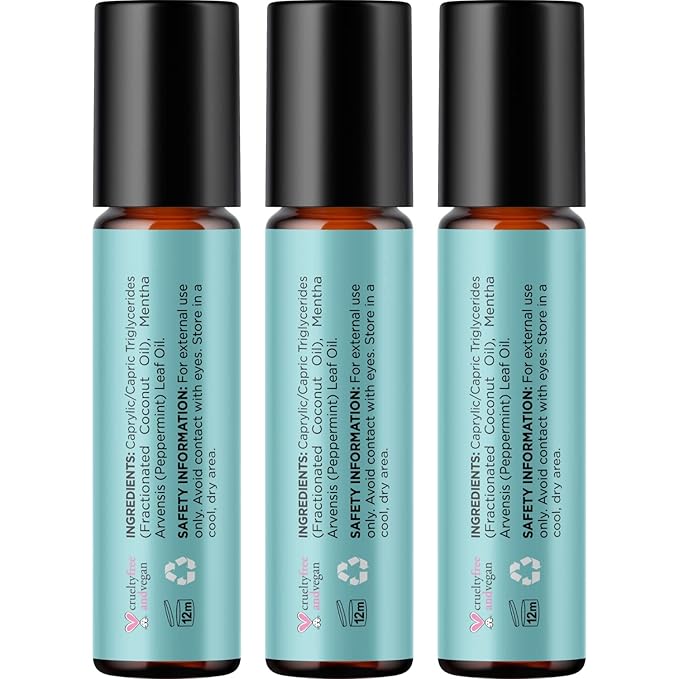 Peppermint Oil Roll on - Pure Peppermint Rollerball Essential Oil Aromatherapy Stick for Headaches - Natural Travel Essential and Pregnancy Must Have for Headaches Energy & Focus Support (3 Pack)