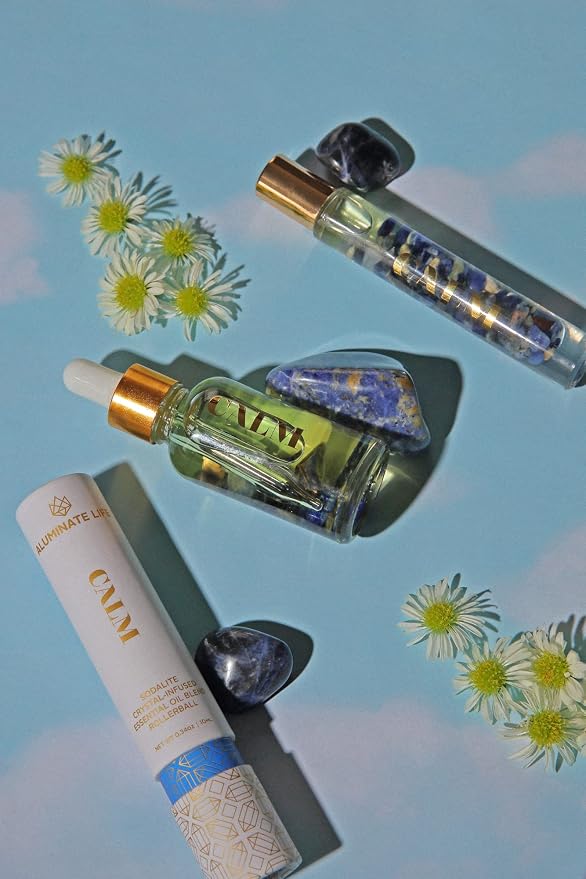 Crystal Infused Essential Oil Vial, 1 Oz, Calm - Sodalite Crystal Infused - Scents of Chamomile, Howood, & Sage - Aromatherapy Oils, Massage, Relaxing, Stress Relief