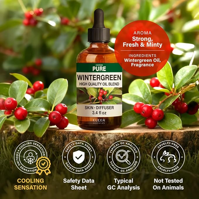 100% Pure Wintergreen Oil - 3.40 Fl Oz Wintergreen Essential Oil for Hair, Skin, Diffuser, Aromatherapy & DIY Soap Making Scent