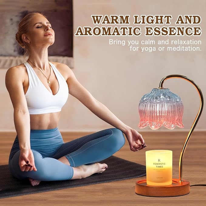 Funistree Flower Candle Warmer Lamp with Timer, Dimmable Candle Lamp Warmer, Christmas Birthday Gifts for Women Mom Her, Housewarming Home Decor, Lotus Wax Warmer for Yankee - Blue&Pink 10 Inch