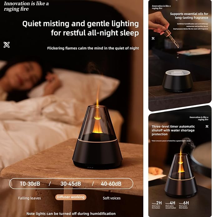 Ultrasonic Aroma Diffuser with Simulated Flame, 150ml, Timer and Auto-Off, LED Ambient Light (Black)