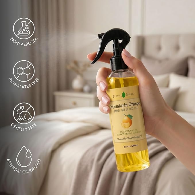 Mandarin Orange Linen and Room Spray, Natural Air Freshener Made with Pure Mandarin Essential Oil, Bathroom Air Refreshener, Pillow Spray, or Bathroom Odor Eliminator (8.5 fl oz)