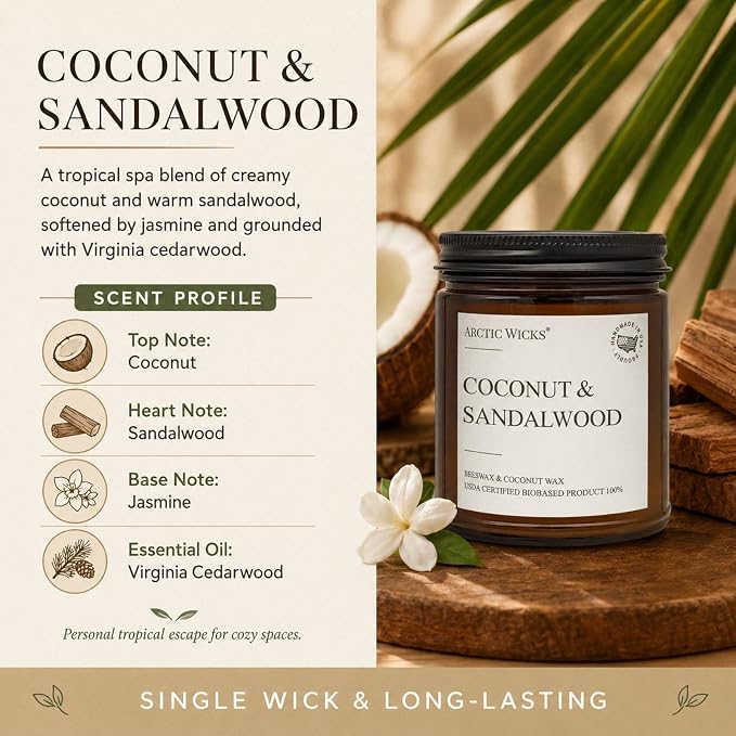 Arctic Wicks Scented Coconut Beeswax Candles | Coconut Beeswax Non Toxic Candle 9oz Amber | Farmhouse Candles Non-Toxic Clean Burn 100% USDA Certified Biobased (Coconut & Sandalwood)