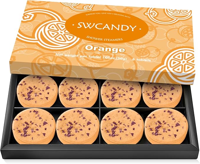 SWCANDY Shower Steamers Aromatherapy Birthday Gifts for Women Travel Essentials, 8 Pcs Orange, Bath Bombs Shower Bombs with Natural Essential Oils, Relaxation Home SPA