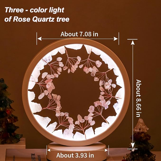 Runyangshi Crystal Night Lamp Natural Rose Quartz Crystals Small Tree Bedside Ambient Lamp USB Port 3 Colours Adjustable Lamp Suitable Night Light for Living Room Bedroom Office Home Decor Gift