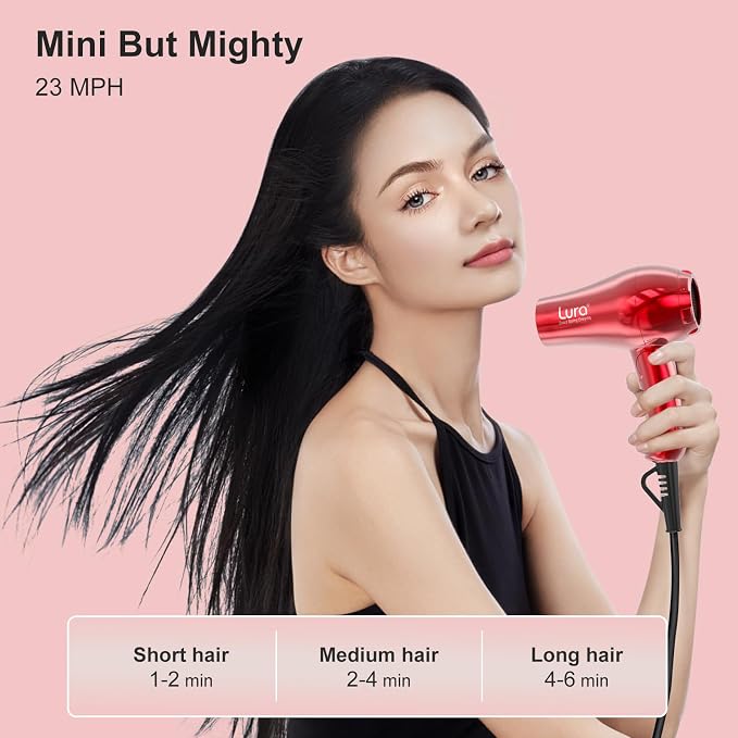 LURA Auto Dual Voltage Travel Hair Dryer with Diffuser,Travel Blow Dryer Mini with EU Plug and UK Plug,Lightweight Portable Hairdryers with Folding Handle,1200W Compact Small Blowdryers for Women(Red)