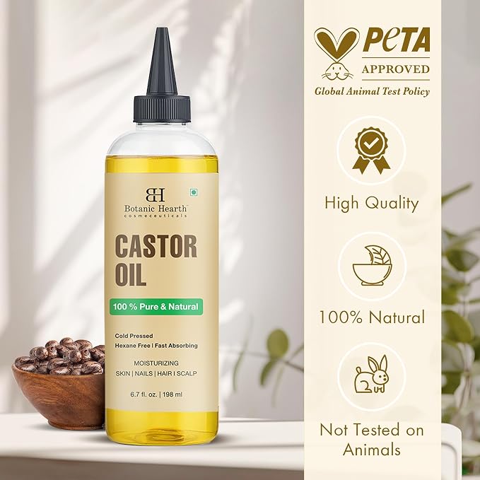 Botanic Hearth Castor Oil & Hair Treatment Oils 6.7 Fl oz|100% Pure & Natural, Cold Pressed |For Hair, Eyelashes & Eyebrows | Hexane Free, Fast Absorbing | With Applicators & Dropper | All Hair Types