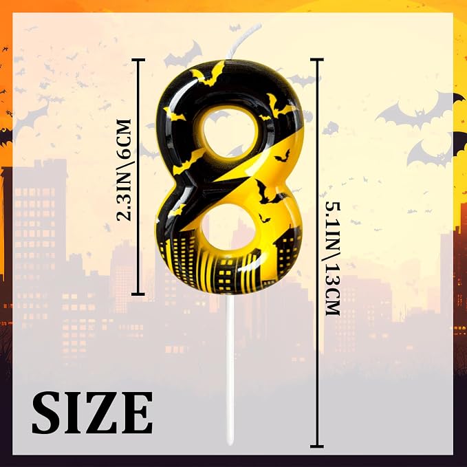 Black Yellow Number 8 Birthday Candle for Cake – Dark Night Hero Style with Bat & City Silhouette Design – Unique Cake Topper for Birthday, Anniversary, Themed Party Decoration